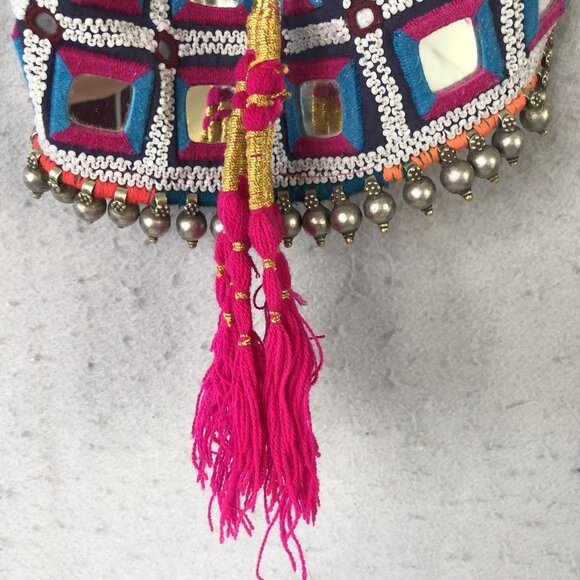 Consuela Bag Womens Blue Pink Drawstring Pouch Beaded Strap Tassel Boho Mirror - Picture 4 of 16